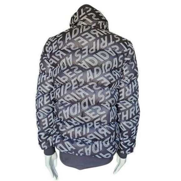 Adidas Neo Women’s M Grey Duck Down Puffer Jacket Coat Logo Print Hooded Warm - Picture 3 of 8